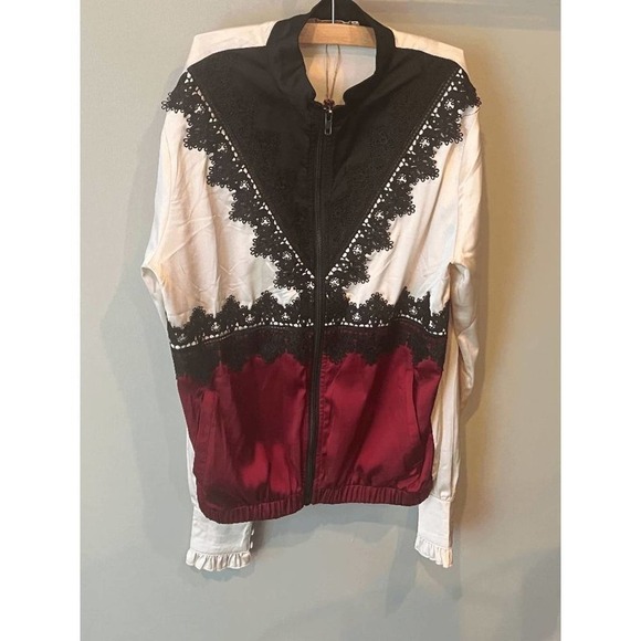 NWT Gimmicks by BKE Colorblock Top Satin ZipUp Beige Red Black Lace Ruffle Cuff - Picture 1 of 4